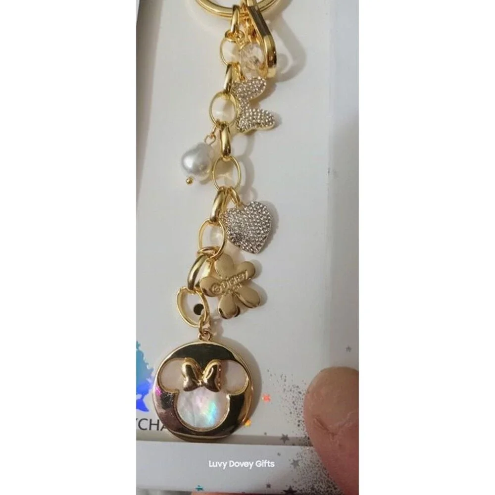 Disney Minnie Mouse Pearl Heart Bag Charm Keychain Gold NWT